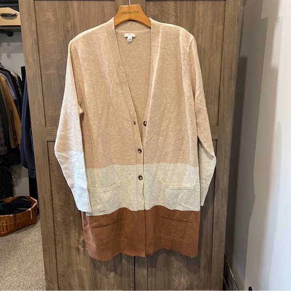 J Jill Large Sweater Cardigan Long Button front Brown Tan Color Block - Picture 1 of 11